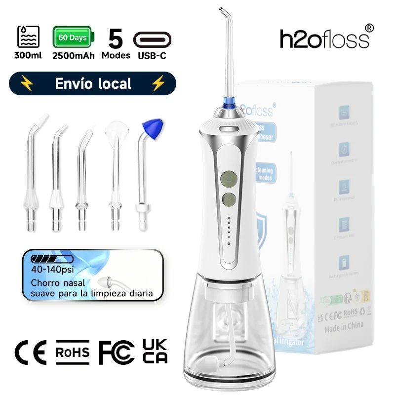H2ofloss Irrigador Bucal Recargable sin Cable, Portátil, 300ml, 5 Modos, 5 Boquillas, IPX7, 2500mAh, 60 Días de Uso, Alta Presión