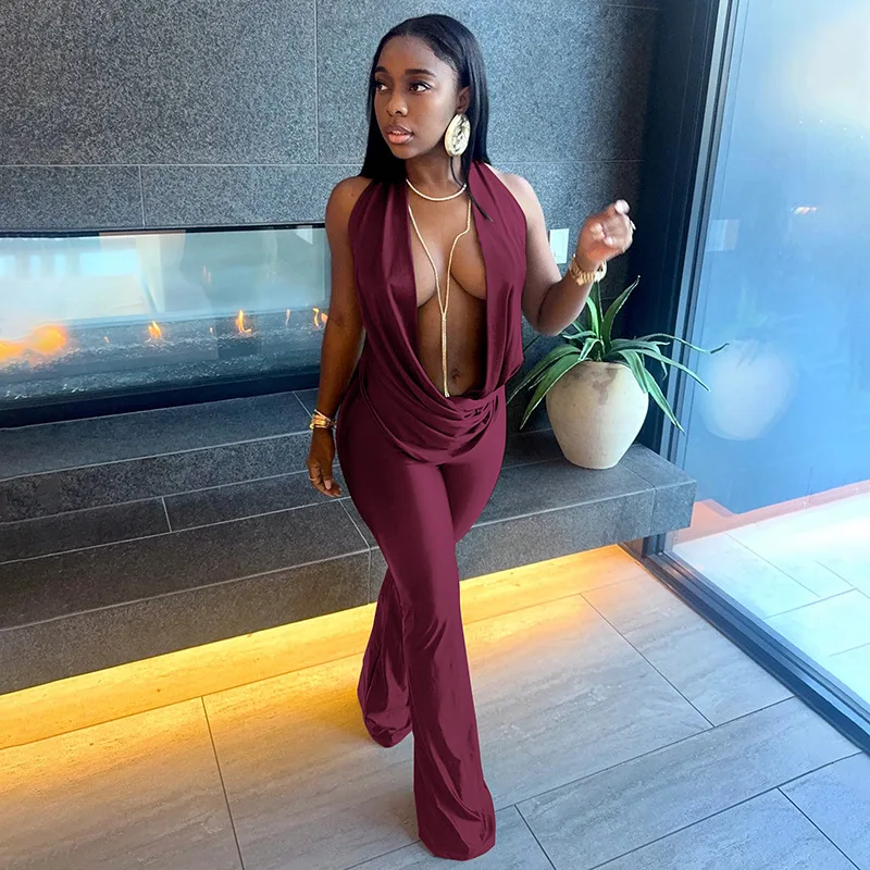 

Женский сексуальный комбинезон с открытой спиной, расклешенный, с воротником-стойкой, без рукавов, на шнуровке, с эффектом подтяжки ягодиц, облегающий, для клуба, вечеринок, уличной моды