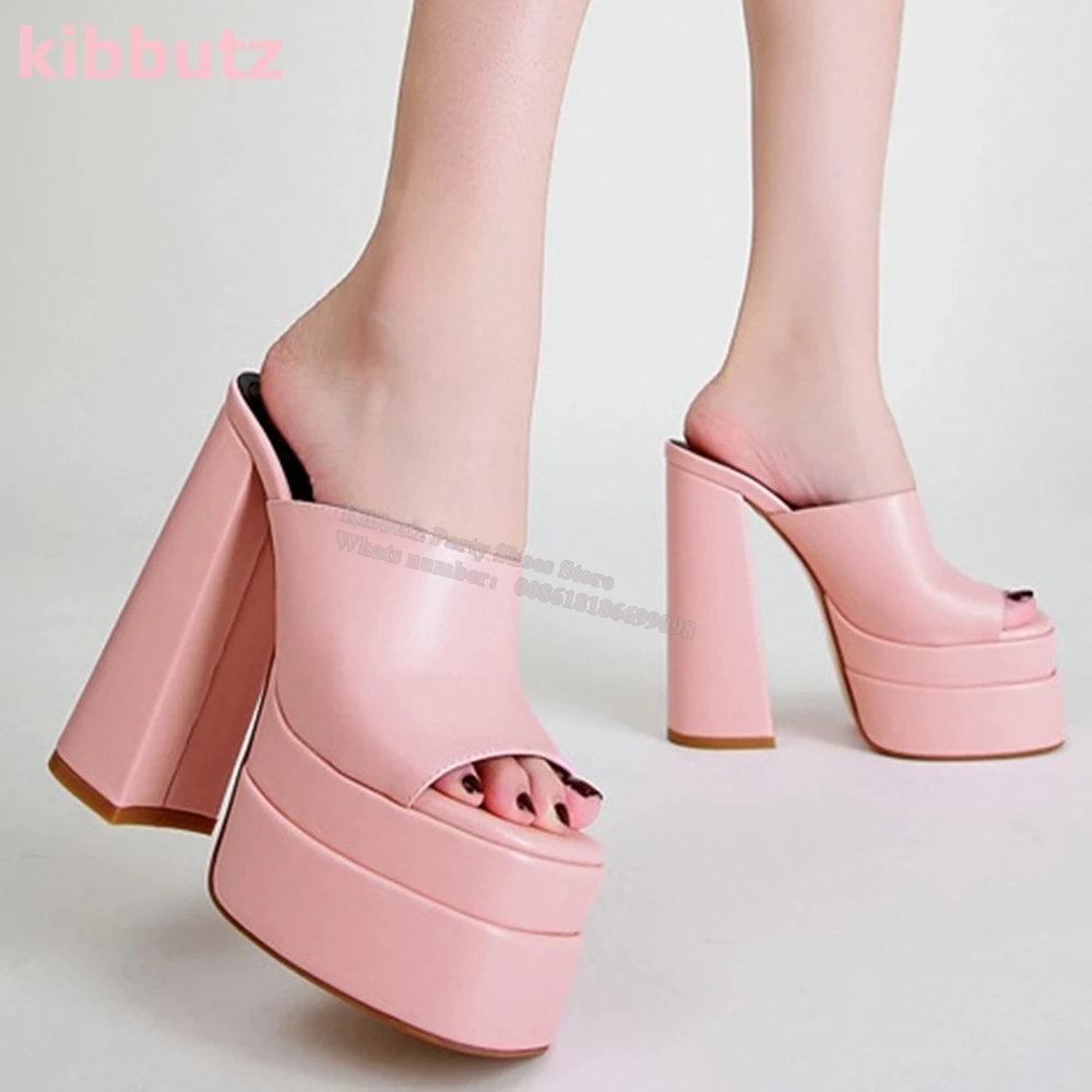 Platform Sandals Slipper Square Toe Chunky Heels Genuine Leather Slip-On Solid Color Fashion Elegant Sexy Super High Women Shoes