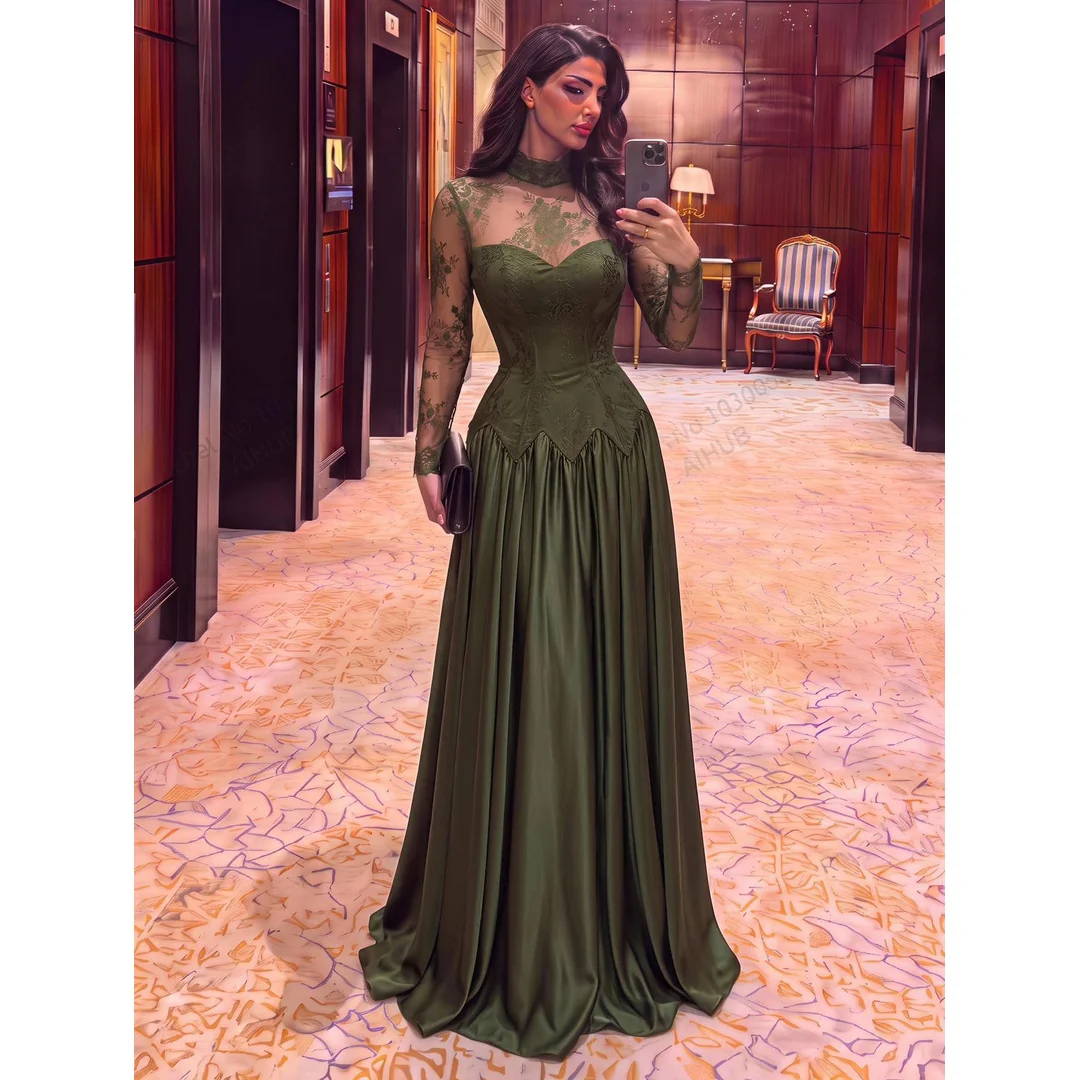 Line A Elegant Evening Dresses for Woman Luxury Women's Elegant Party Dress Customized Long Sleeves Round Neck Embroidered Lace