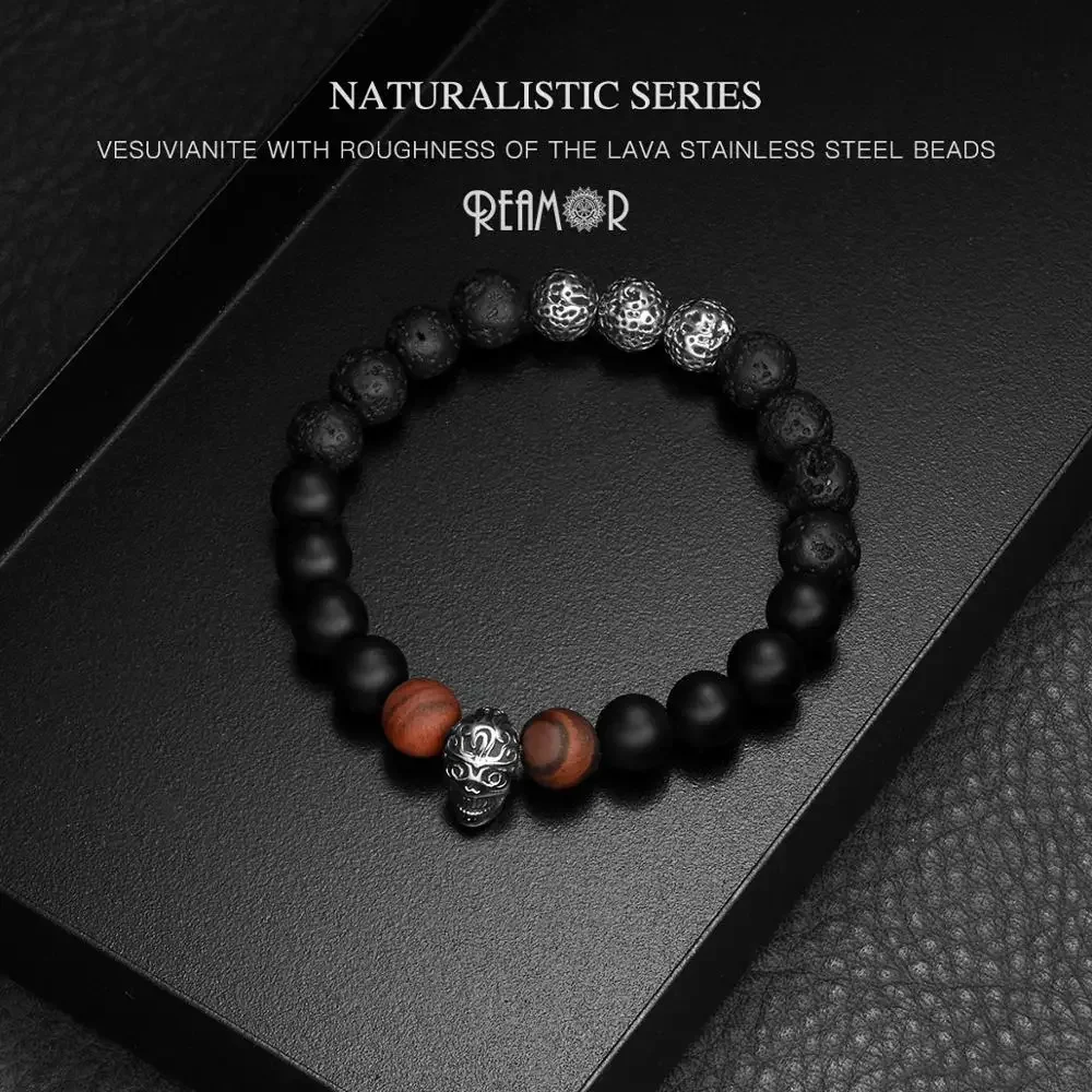 REAMOR Natural Stone Lava Stone Stretch Bracelets 316l Stainless Steel Skull Black Onyx Beaded Mens Bracelet Punk Jewelry