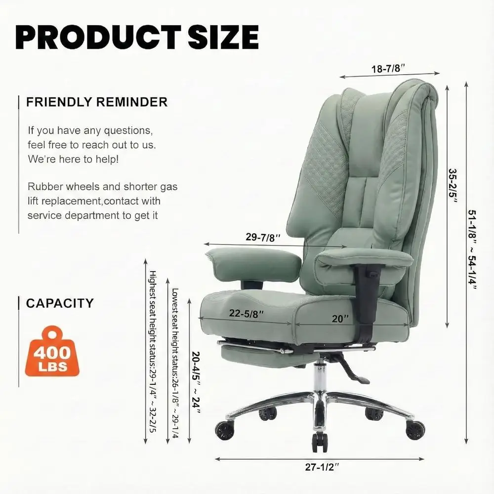 Ergonomic High-Back Leather Office Chair with Wide Seat and Footrest, 400lbs Capacity, Lumbar Support for Lower Back Pain Relief
