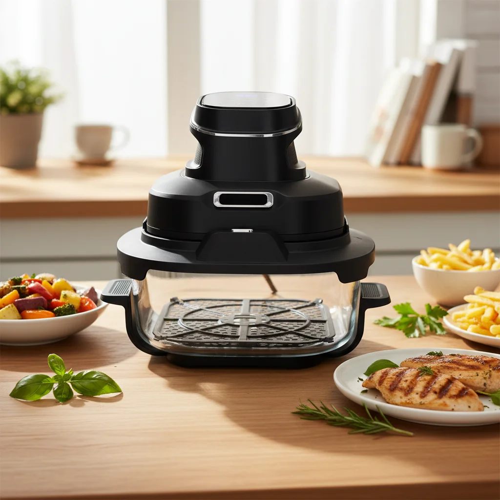 1600W Modern Crispy Portable Air Fryer with Double Glass Bowl Grill Function 6-in-1 Digital Control Space Saving Compact Design