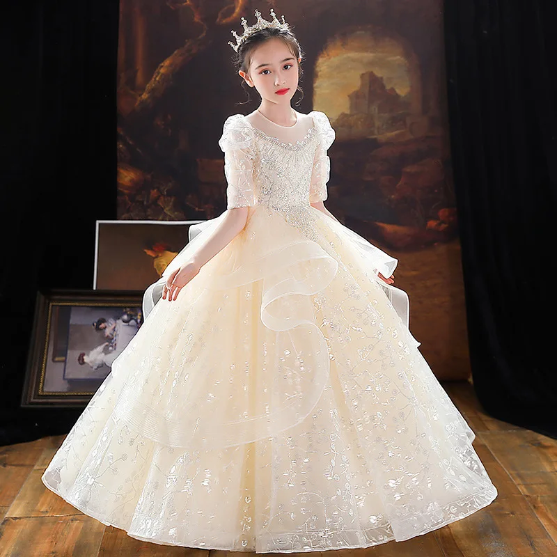 Champagne Ball Gown Baby Flower Girl Dresses Sequins Half Sleeve Children Wedding Birthday Prom Party Gowns