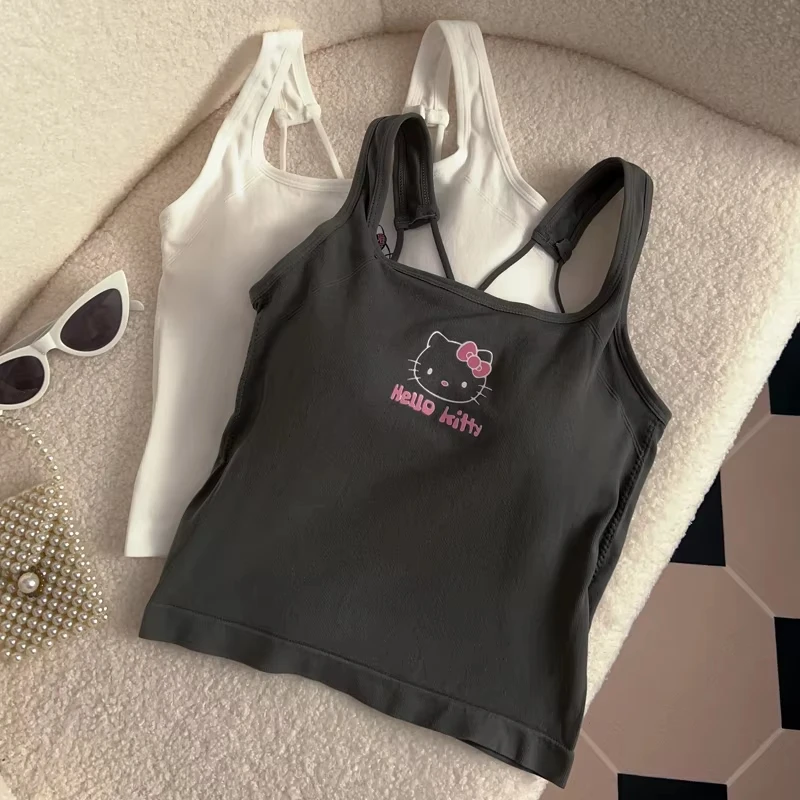 Sanrio HelloKitty Fashion Clothing Y2K Top with Breast Pad Cute Top Girl Summer Cool Cropped Top White Sexy Suspender