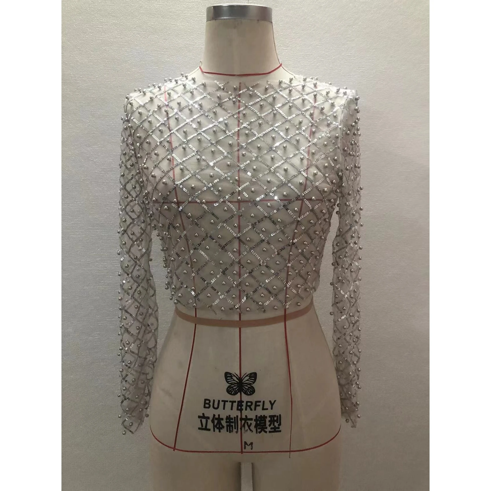 Sexy Beaded Long Sleeve Mesh Top Trending Women's T-shirt Sparkling Glitter Partywear Fashionable Street Style Spring 2023