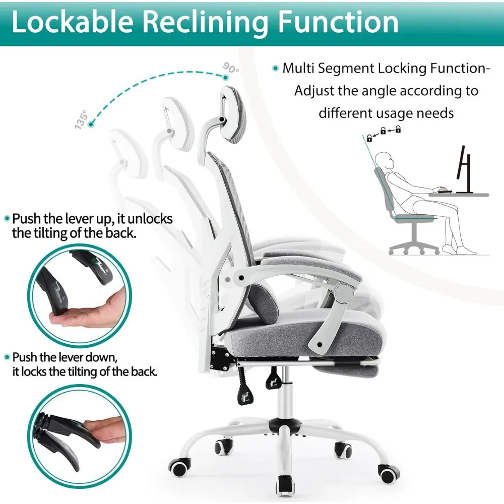 Desk Chair with Footrest, High-Back Mesh Rolling Swivel Reclining Chairs with Wheels, Comfortable Headrest, Lumbar Support