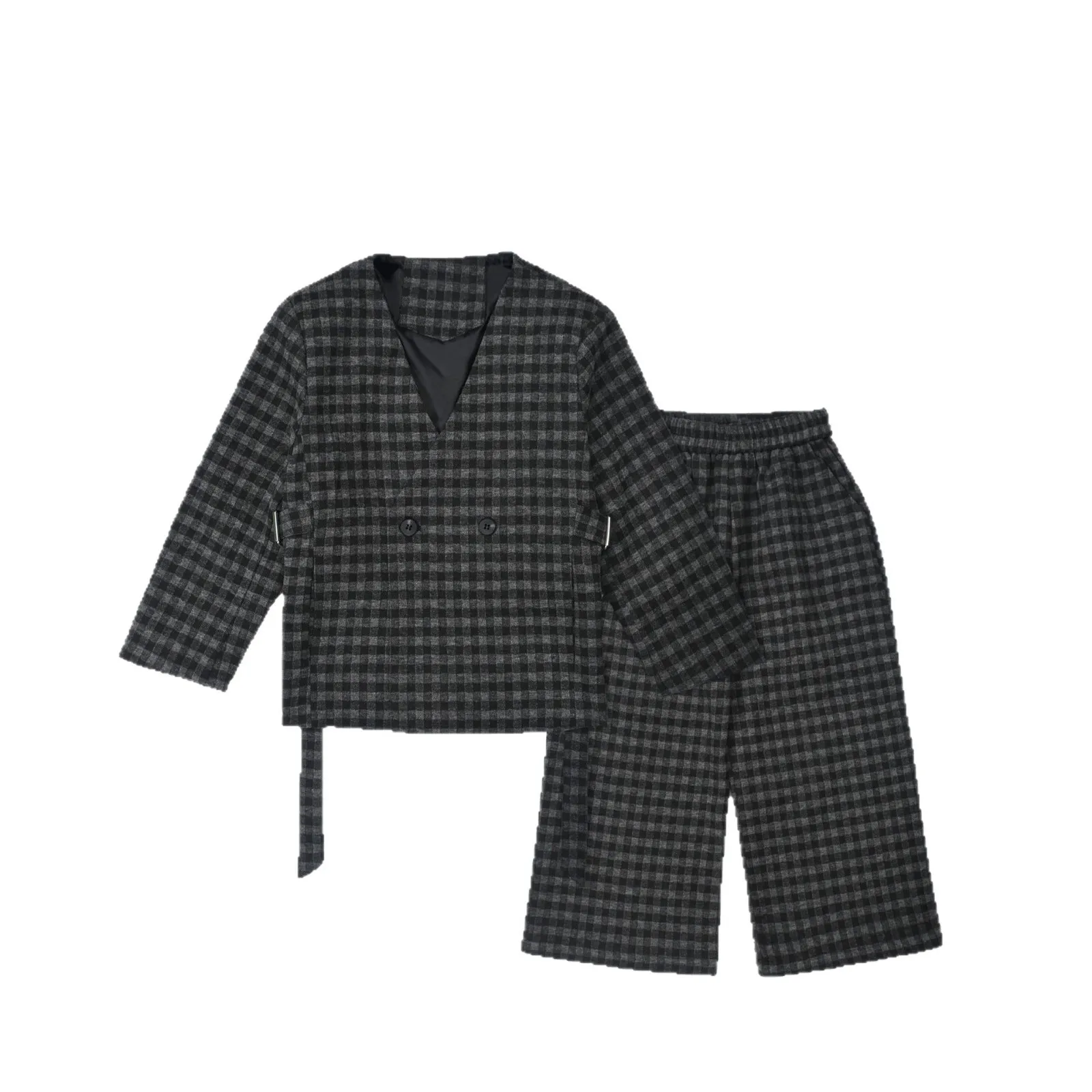 Kids Boys Formal Plaid Suit Set Double Breasted Jacket White Shirt Wide Leg Pants School Child Wedding Host Performance Outfit