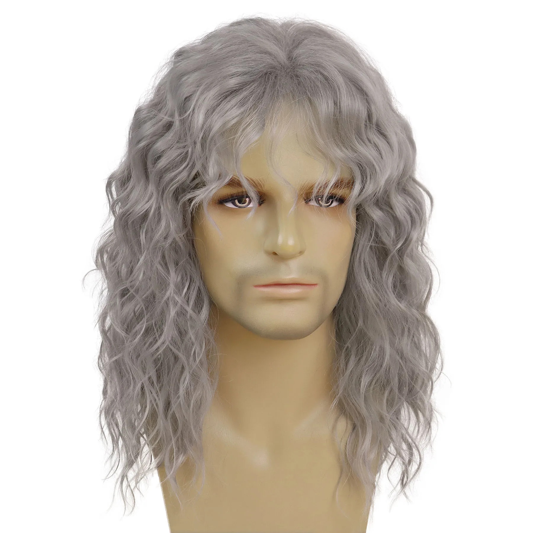 グレーの前髪付き合成ロングウェーブヘア80年代風ウィッグ男性用パンクヘアスタイルヴィンテージグレーカラーハロウィンコスチューム