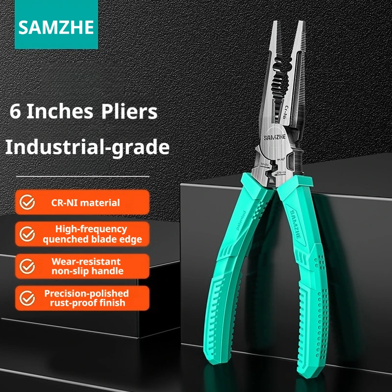 SAMZHE 6 Inches Industrial Grade Pointed Nose Pliers Wire Cutter Multi-Functional Electrician Pliers Effort-Saving Design