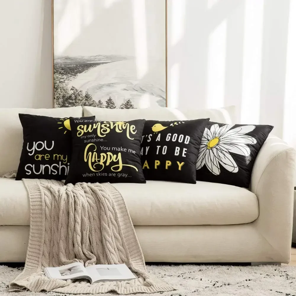 Daisy You Are My Sun Happy Bird Black Pillowcase 40*40 Living Room Sofa Decoration Cushion Cover 60*60 Home Decoration 50*50