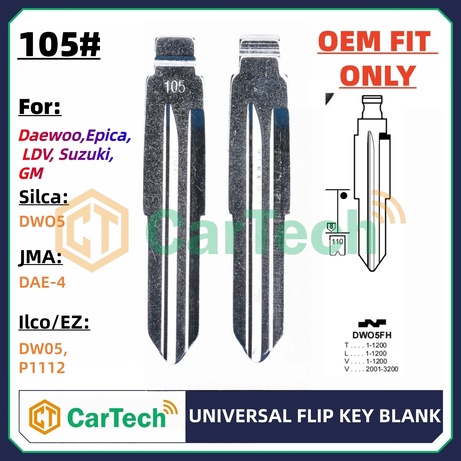 Cartech  105# OEM Style Uncut Blank Key Blade Replacement for Daewoo Holden Suzuki GM Original Remote Key DWO5 DAE-4 P1112