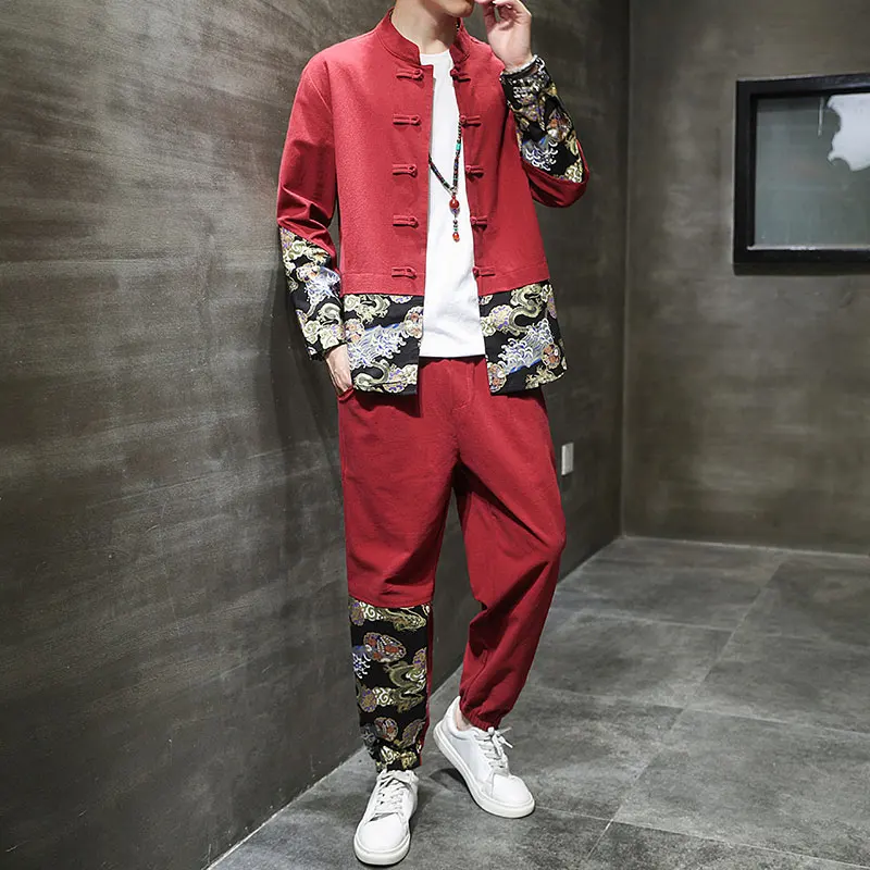 Jacket men's single-breasted loose casual Chinese suit linen trendy retro Tang clothing splicing contrasting color two-piece set