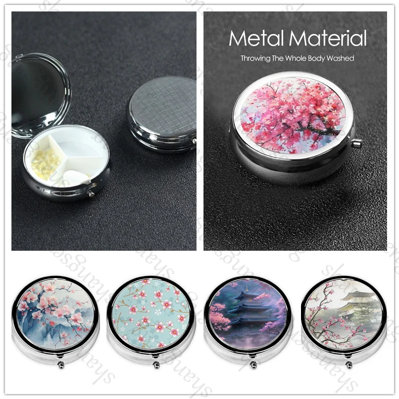 

Cherry Blossom and Mountain Mini Medicine Pills Box Drug Storage Dispenser Pill Organizer Tablet Pillbox Case Container Portable