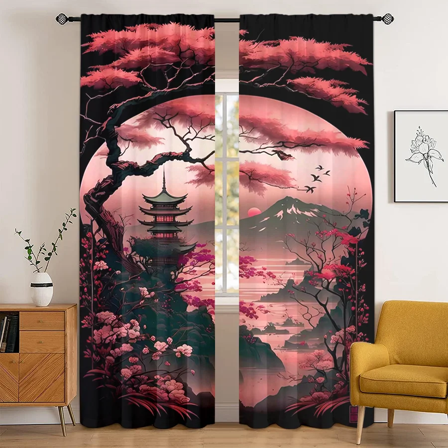 2PCS Pink Cherry Blossom Fuji Print Curtains, Japanese Pagoda Mountain Lake Scene Window Drapes for Bedroom Living Room Decor