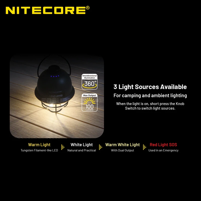 NITECORE LR40 Multifunctional USB-C Rechargeable Camping Lantern with 3 Light Sources & Stepless Brightness Adjustment