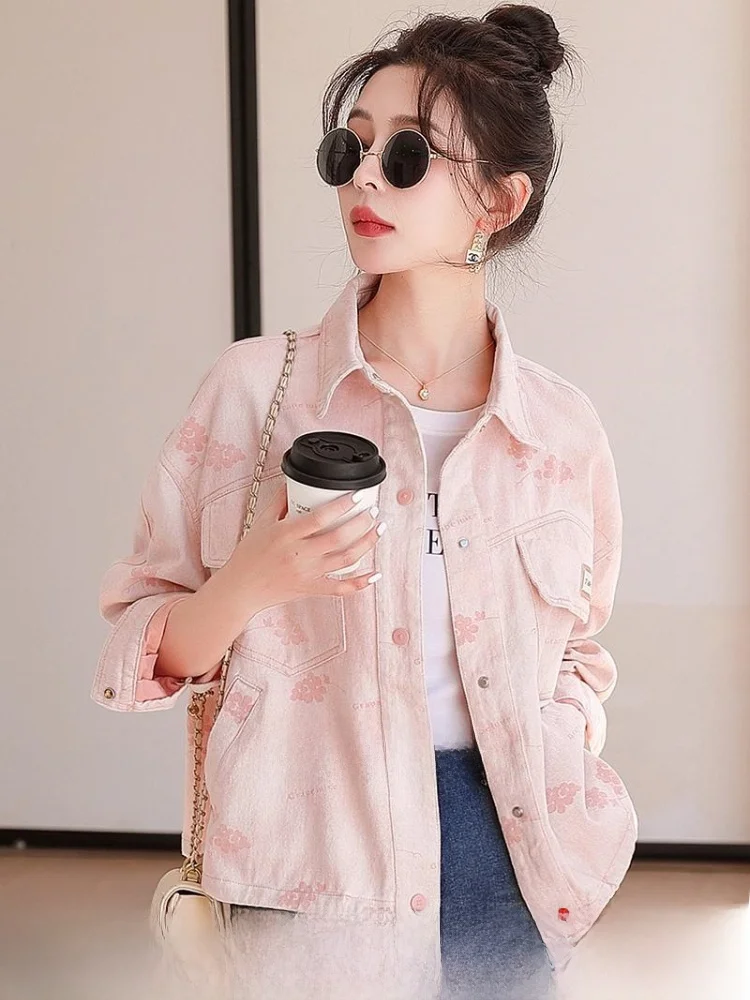 Losse casual dames denim Jaet lente seizoen print geen tag casual Sle lange Sve kraag knop ket detail