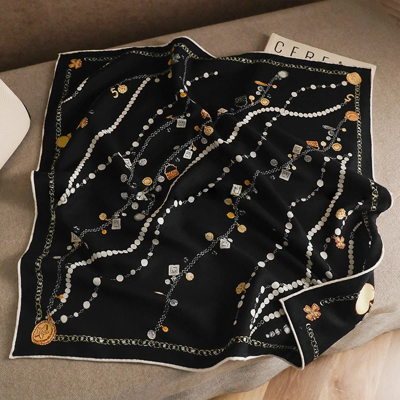 

70% Wool 30% Silk Luxury Brand Scarf for Women Elegant Necklace Print Black Square Scarf Wool Silk Neck Warmer Woman Accessory