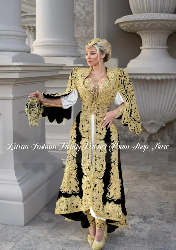 

Custom Moroccan Wedding Gown Gold Embroidered Long Sleeved Kosovo Traditional Bridal Dress Formal Special OccasionsEvening Gown
