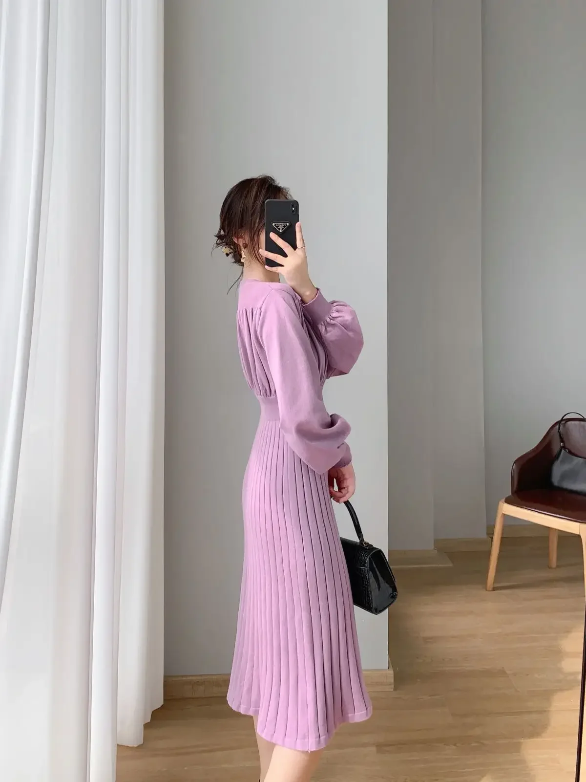 

SMTHMA Women Knitted Dress New Autumn And Winter Slim Waist Temperament Lantern Sleeve Sweater Long Dress