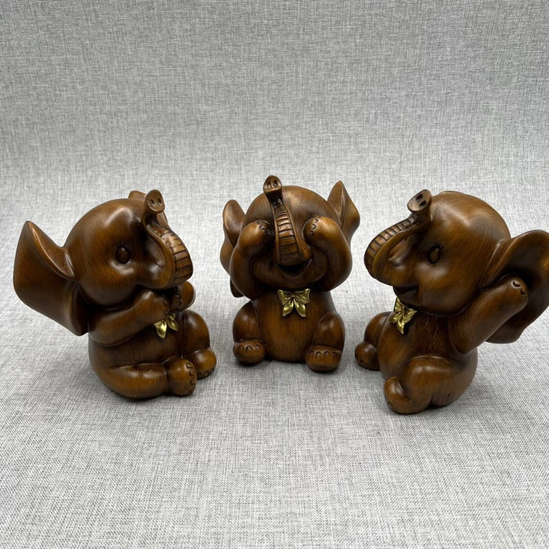 Elephant Wood Carving Crafts Three Little Elephants Seeing, Hearing, Not Speaking Home Decoration Gift Collection