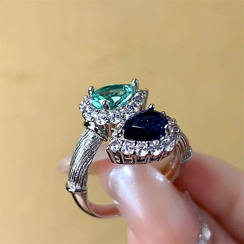 French Romantic Elegant Blue Green Two Tone Cross Cubic Zirconia Droplet Shape Adjustable Women's Ring Anniversary Gift Jewelry