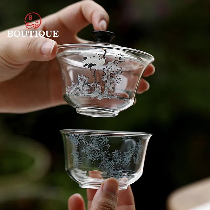 Pine And Crane Gaiwan Original Glass Tea Bowl Chawan Heat-Resistant Handmade Kung Fu Set Tea Cup Tool Gai Wan Cover Maker 200ml view 4