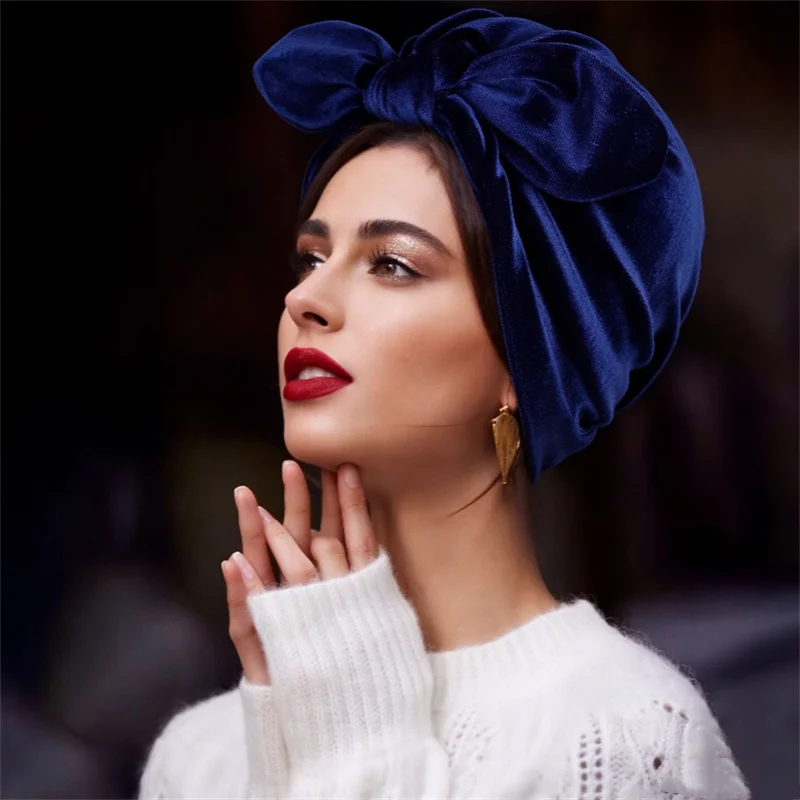 French Retro Women's Turban Cap Polka Dot Bowtie Satin Lining Head Wrap Bonnet Female Headscarf Hat Muslim Under scarf Hats