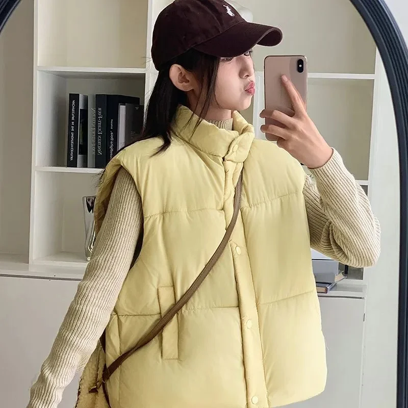 

Autumn Winter New Women Korean Loose Down Cotton Vest Stand Collar Thicke Sleeveless Vest Outer Wear Female Waistcoat Overcoat