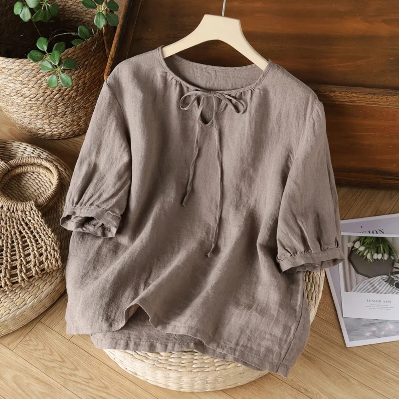 2024 New Summer Thing Vintage Ethnic Style Loose Fitting Short Sleeved Solid Round Neck Lace Up Pleated Women's T-shirt Top