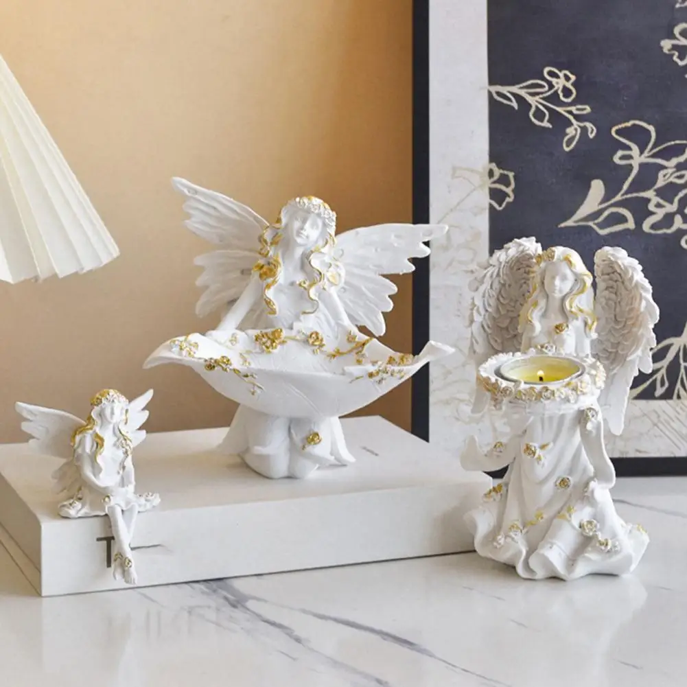 Hand Painted Gold Angel Resin Fairy Statue Decor Angel Resin Figurine Winged Fairy Sculpture with Gold Trim Matte for Women