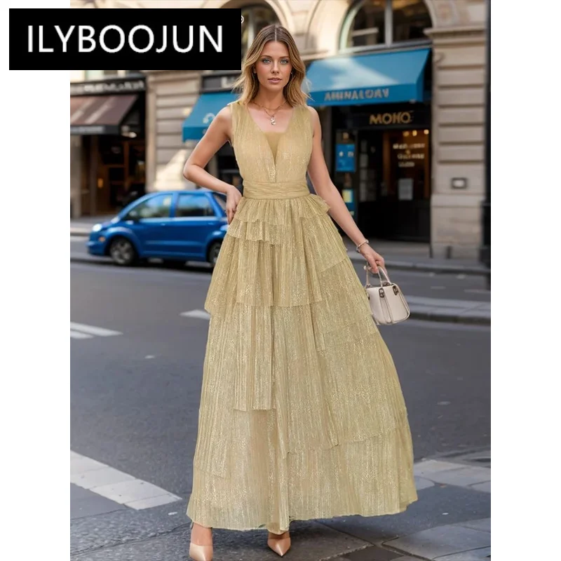 

Solid Spliced Folds Chic Dresses For Women O Neck Sleeveless Irregular Deaigner Long Dress Female Luxury Brand