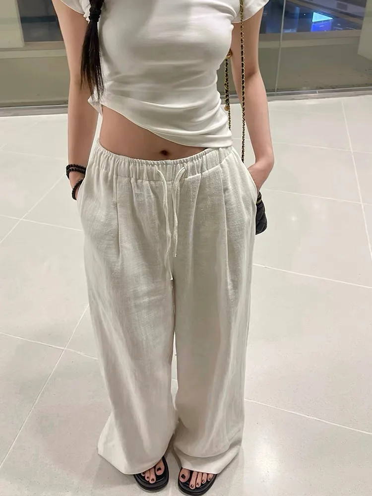 

HOUZHOU Wide Leg White Linen Pants Woman Casual Basic Summer 2024 Oversize Female Straight Trousers Baggy Elastic Waist Pants