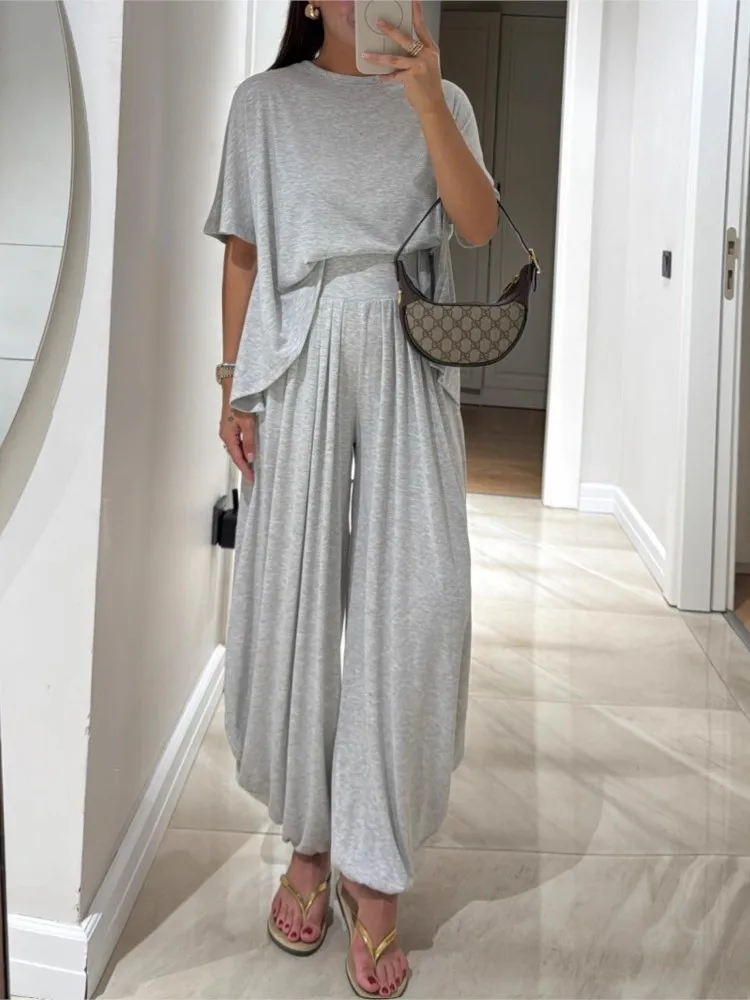 

Autumn Casual Simple Two-piece Set For Women Fashion Solid Color O-neck Half Sleeves Tops Loose Wide-leg Pants Suit Lady Outfit