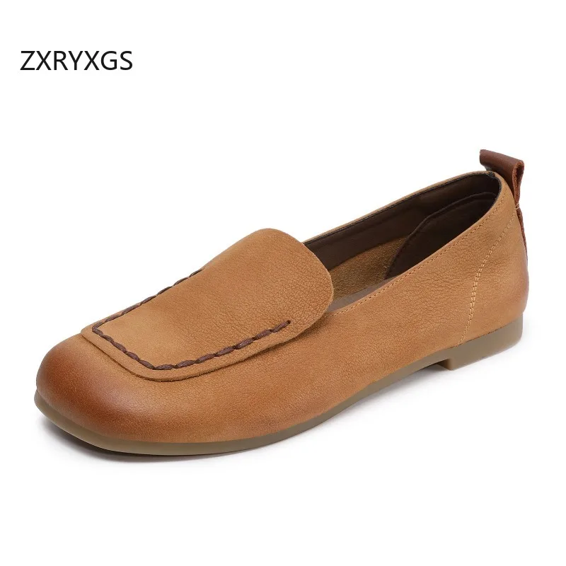 

ZXRYXGS 2026 New Top Cowhide Square Toe Full Real Leather Shoes Flat Soft Sole Comfort Elegant Women Office Work Banquet Shoes