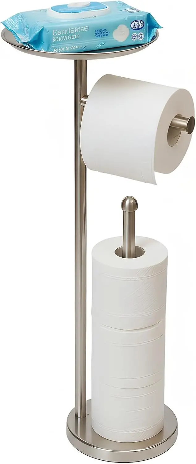

Freestanding Toilet Paper Holder with Shelf, Storage for Extra Rolls in Brushed Nickel Finish
