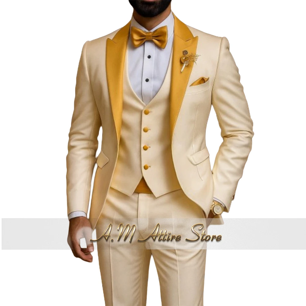 

Haute Couture Men's Suit for Wedding 3 Pieces Set Gold Peak Lapel Jacket Vest Pants Slim Fit Boys' Clothes for Prom Party