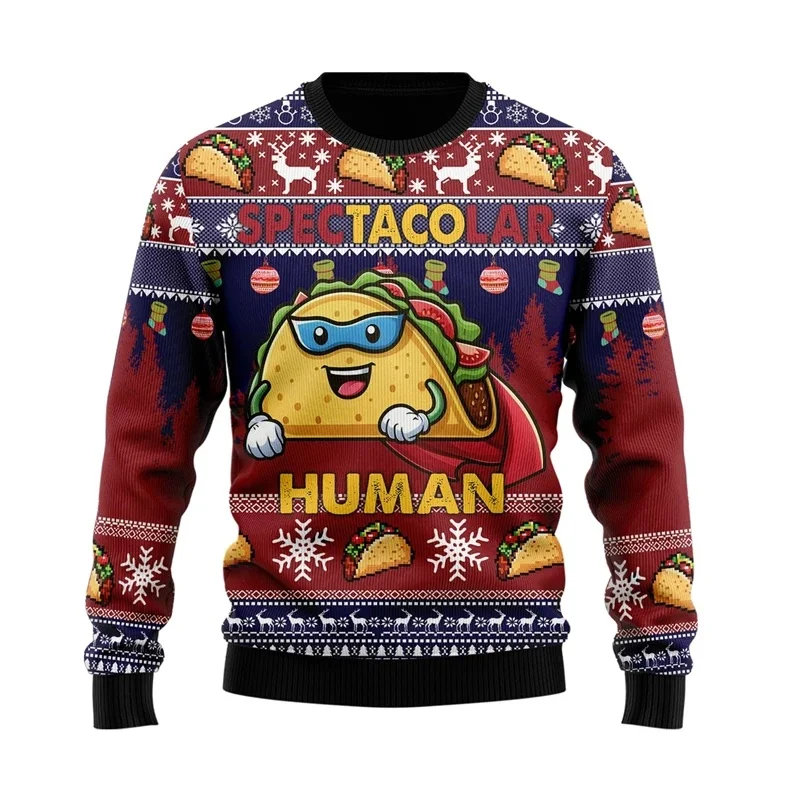 Men's Taco Burrito Ugly Christmas Sweater Food Graphic Mexico Print Pullover Casual Holiday Funny Trendy Men's Top for Men