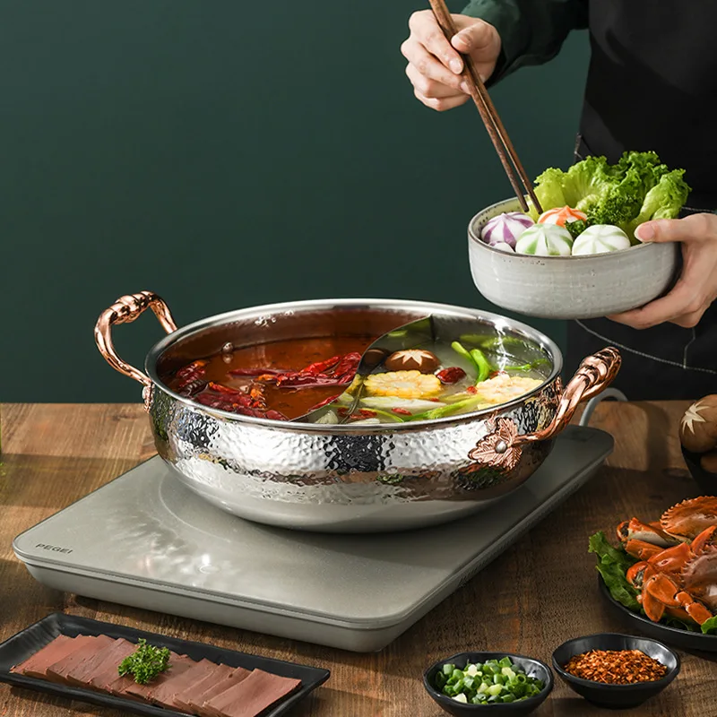 

Утолщенная золотая кастрюля для супа из нержавеющей стали 304 с узором «Утки-мандаринки», универсальная для индукционных и газовых плит, для приготовления шабу-шабу