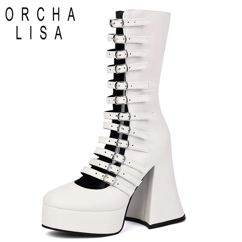 ORCHA LISA 2027 New Sandals Round Toe 12cm Thick Heels 3cmPlatform Zipper Buckles 40 41 42 43 US12 Dating Summer Bota