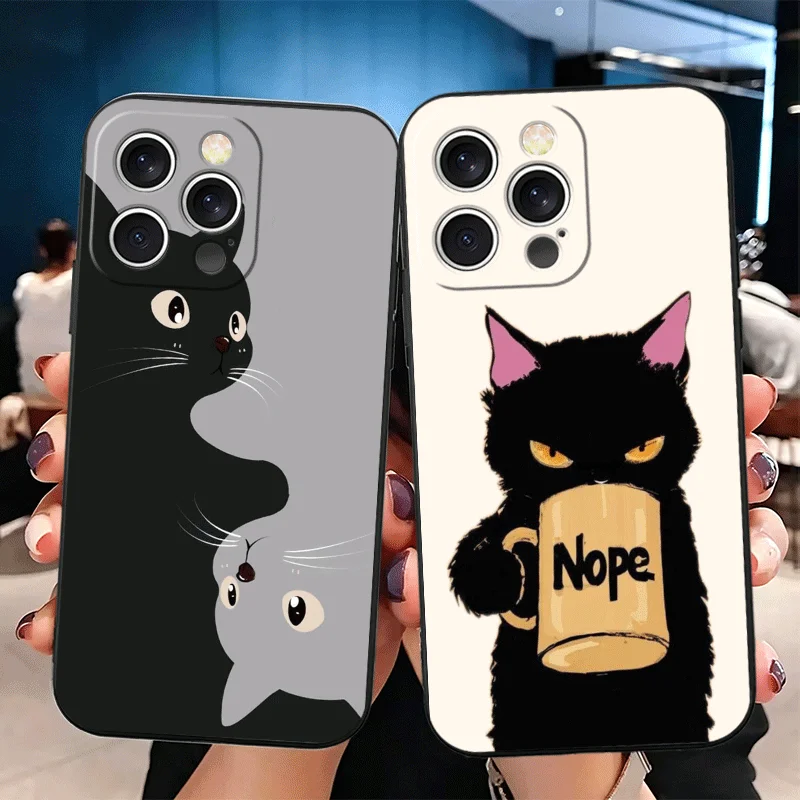 Coque de téléphone en silicone souple noire motif chat de dessin animé mignon pour iPhone 11 12 13 14 15 16 17 Pro Max 16E 17E Air Mini X XS