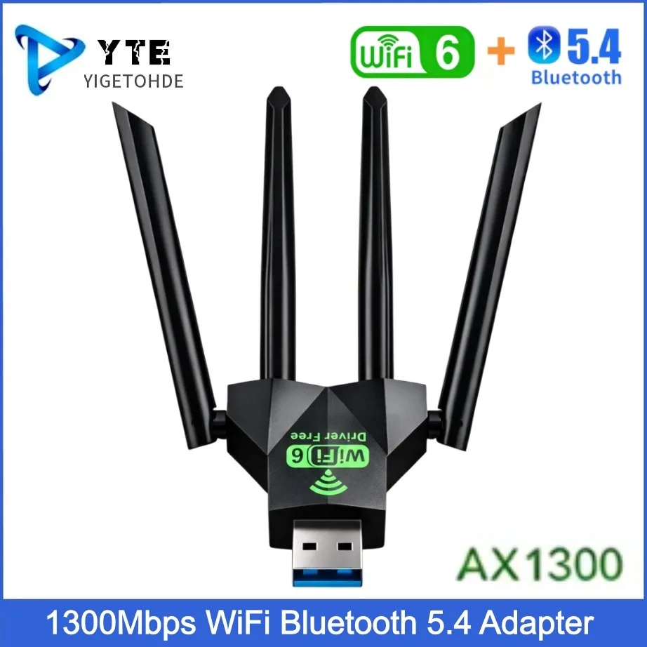 Dual Band WiFi 6 USB Adapter 1300Mbps WiFi Bluetooth 5.4 Adapter 4-Antennas 2.4G/5Ghz  USB Interface Wireless Network Card