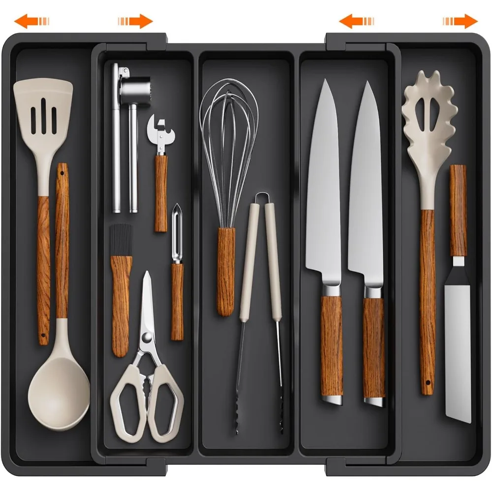 

utensil organizer for kitchen drawers, expandable cooking utensil tray, adjustable cutlery silverware flatware holder, plastic