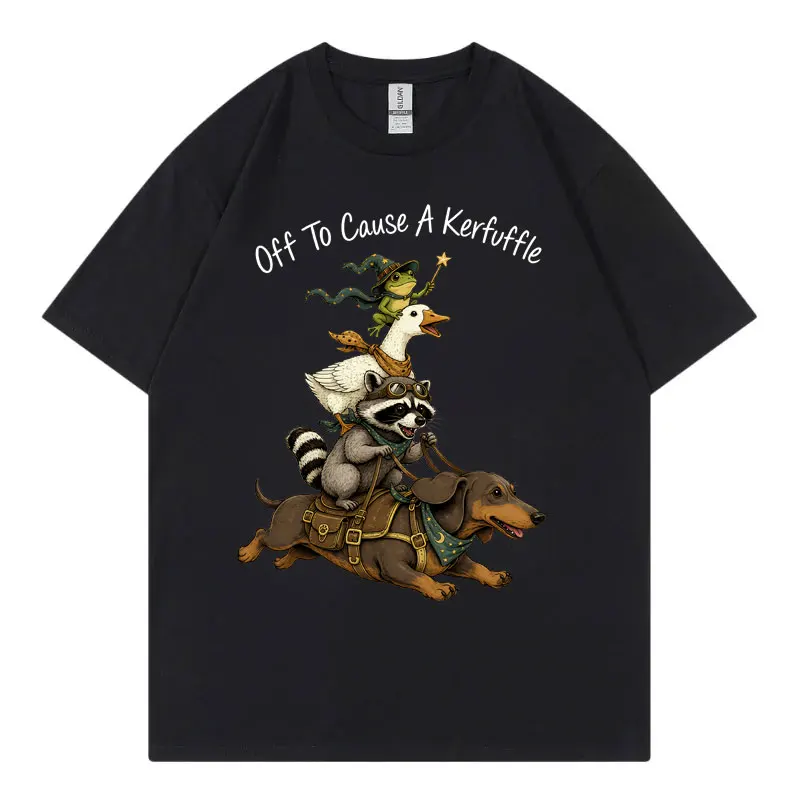 Off To Cause A Kerfuffle Frog Raccoon Goose Riding Dachshund Funny T-shirt Casual Fashion Loose T Shirt Unisex Cotton T-shirts