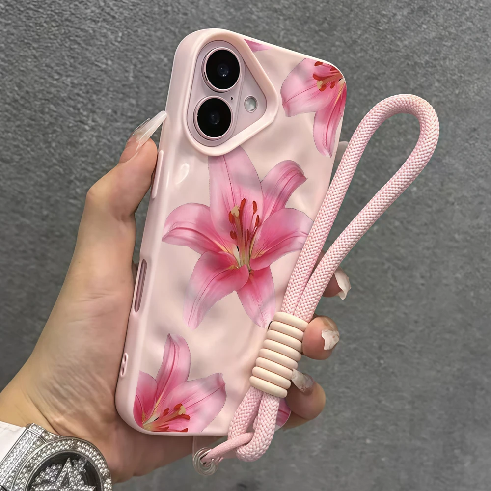 Hibiskusblüten Falten-Silikon-Handyhülle für iPhone 17 15 13 11 12 14 16 17 Pro Max 14 15 Plus 17 Air mit Lanyard INS Cover – Detail 8