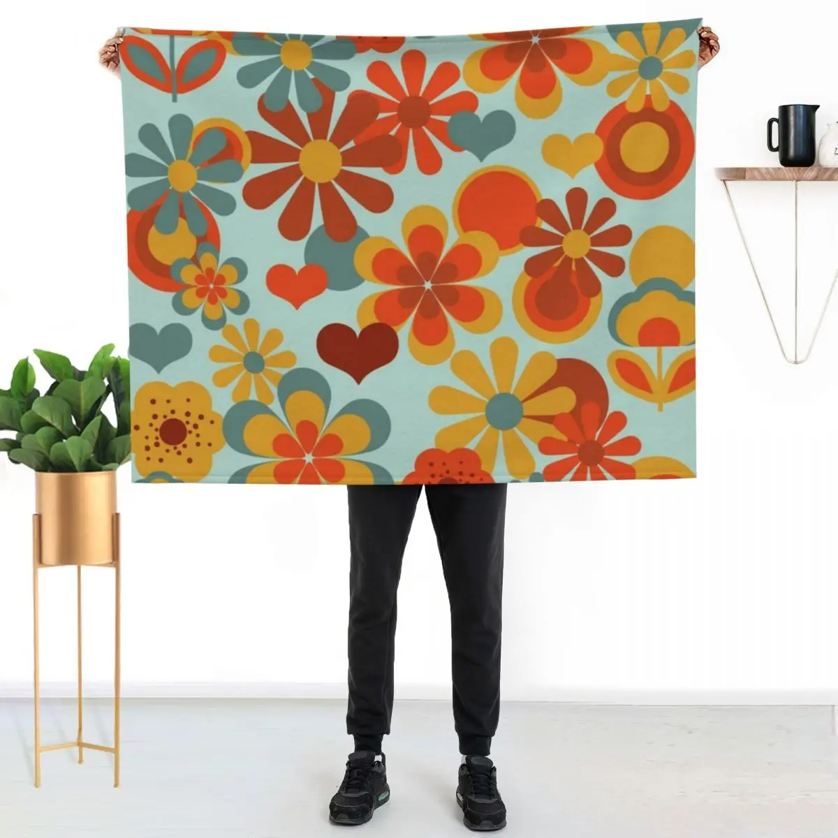 

70's Flower Power Throw Blanket Foldable Soft Warm Blanket for Outdoor Use