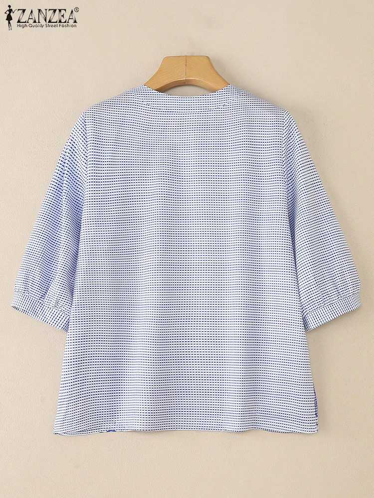 2025 ZANZEA Camicetta stampata a quadri estiva Donna Vintage Mezza manica Top Casual O Collo Lavoro Blusas Camicia da vacanza elegante femminile
