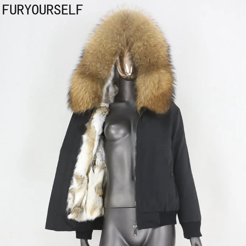 

FURYOURSELF 2023 Waterproof Bomber Parka Winter Jacket Women Real Rabbit Fur Coat Natural Fox Raccoon Fur Collar Hood Removable