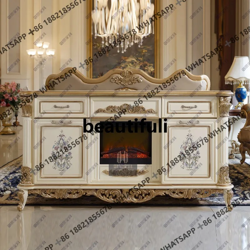 H European solid wood fireplace cabinet French retro carved decorative living room display cabinet