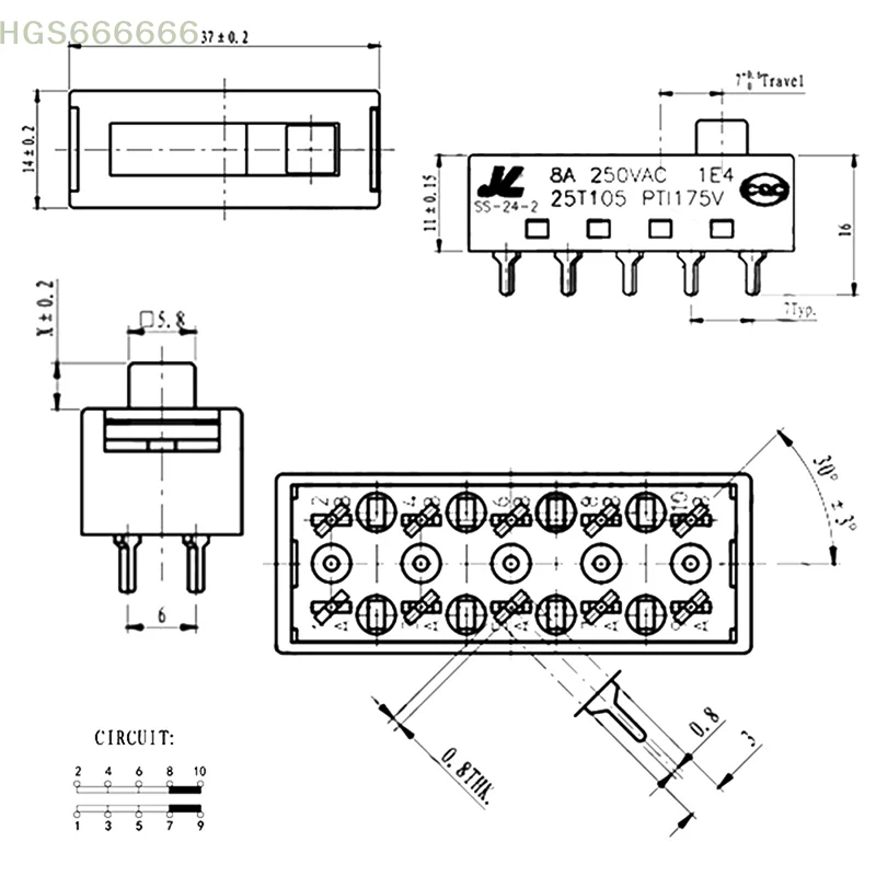 1Pc 8A 250V AC SS-24N02 hair dryer switch accessories push switch hair dryer barrel accessories 10 pin 4-speed toggle switch